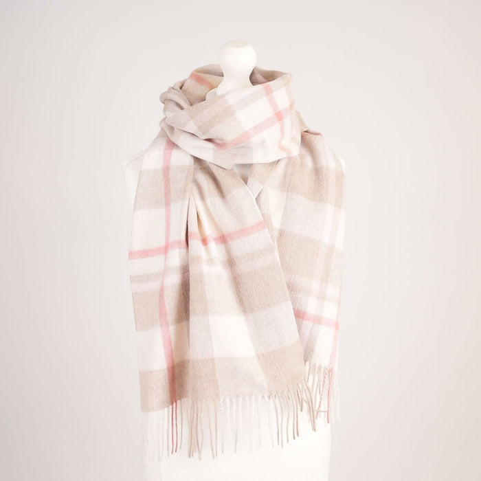 100% Lambswool Wide Scarf Medieval Check - Orient Beige and Coral - Heritage Of Scotland -
