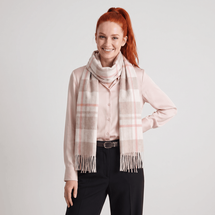 100% Lambswool Wide Scarf Medieval Check - Orient Beige and Coral - Heritage Of Scotland -