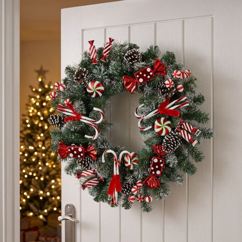 30" Christmas Wreath Candy Canes Sweets Snow Pine Cones