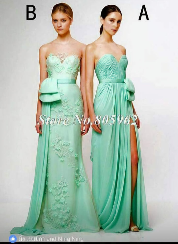 ชุดราตรียาวสีเขียวมิ้นต์ ลูกไม้ปักดอกไม้ พร้อมผ้าพาดด้านหน้า