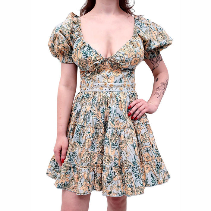 AGUA BANDITA LIGHT BLUE AND ORANGE FLORAL SHORT SLEEVE DRESS - SIZE S