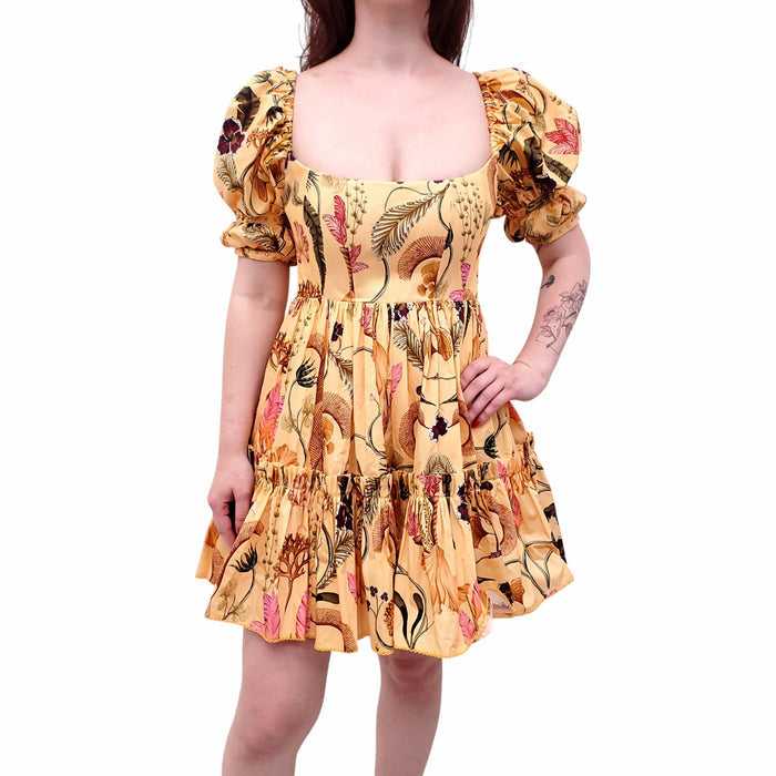 AGUA BANDITA YELLOW LEAF PRINT SHORT SLEEVE DRESS - SIZE S