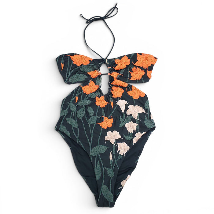 AGUA BENDITA GREEN AND ORANGE EMBROIDERED ONE-PIECE SWIMSUIT - SIZE L