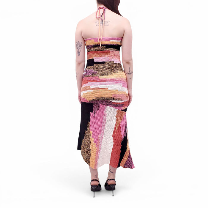 A.L.C. MULTICOLOUR CROCHET KNIT HALTER DRESS - SIZE S