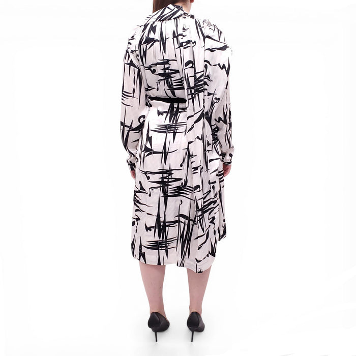 BALENCIAGA BLACK AND WHITE LOGO SILK PATTERNED DRESS - SIZE 36