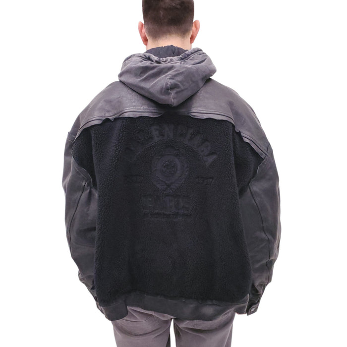 BALENCIAGA BLACK LEATHER & SHEARLING HOODED OVERSIZED JACKET - MEN'S SIZE M