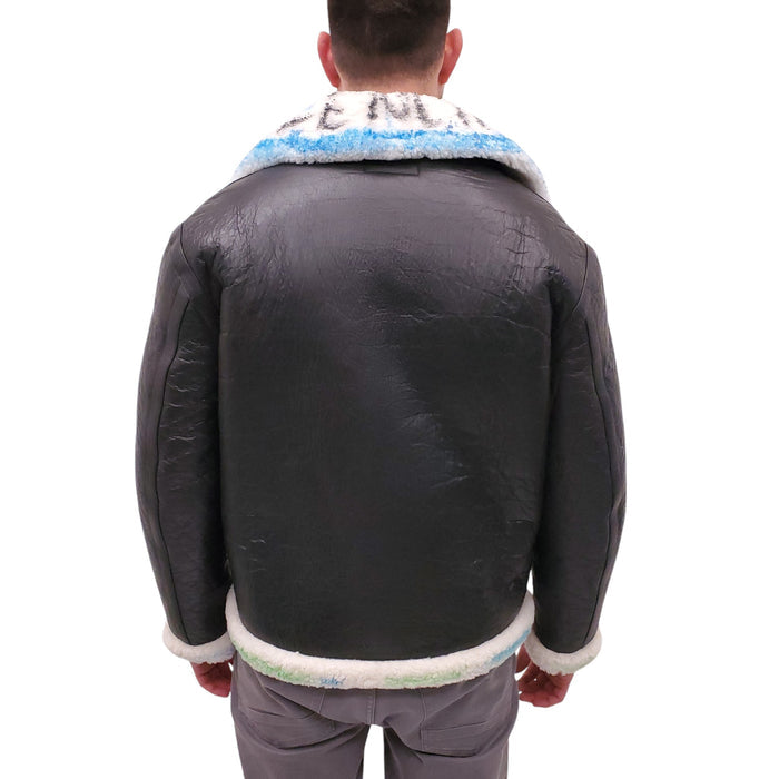 BALENCIAGA LEATHER AND MULTICOLOUR SHEARLING LOGO JACKET - MEN'S SIZE 48