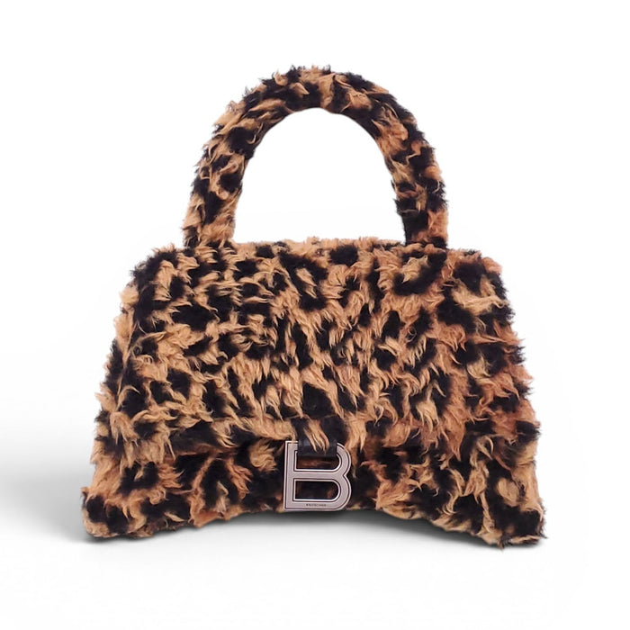 BALENCIAGA LEOPARD FAUX FUR HOURGLASS TOP HANDLE BAG