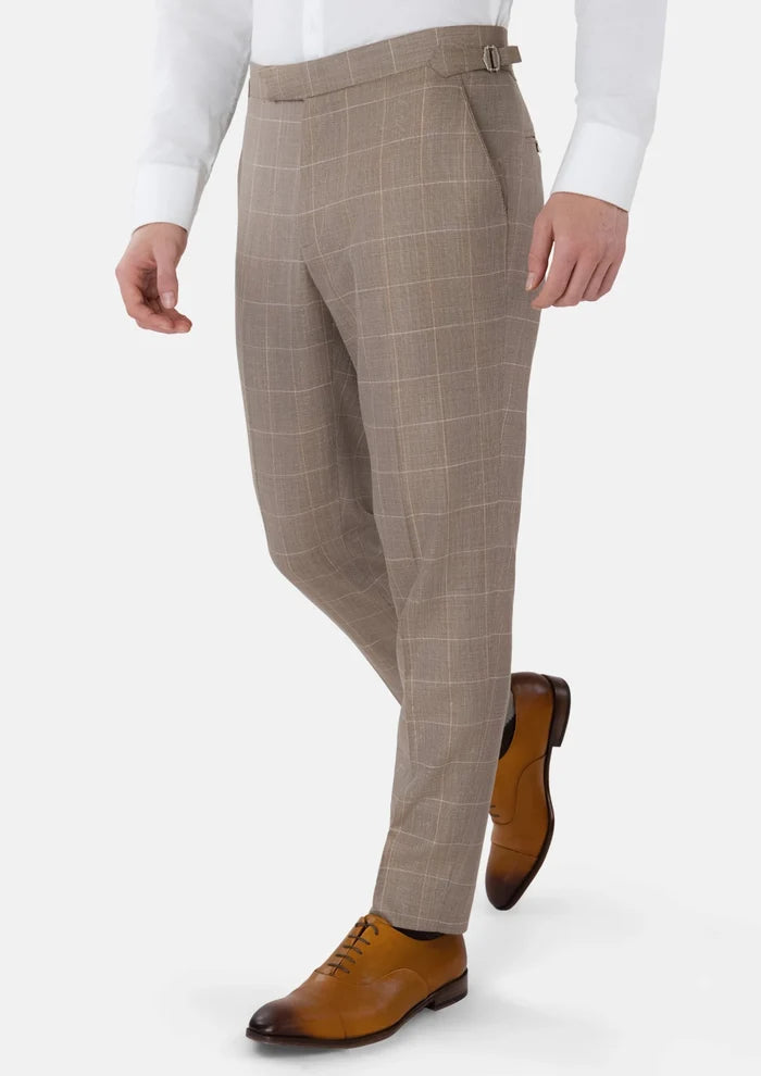 Beige Windowpane Check Pants - SARTORO
