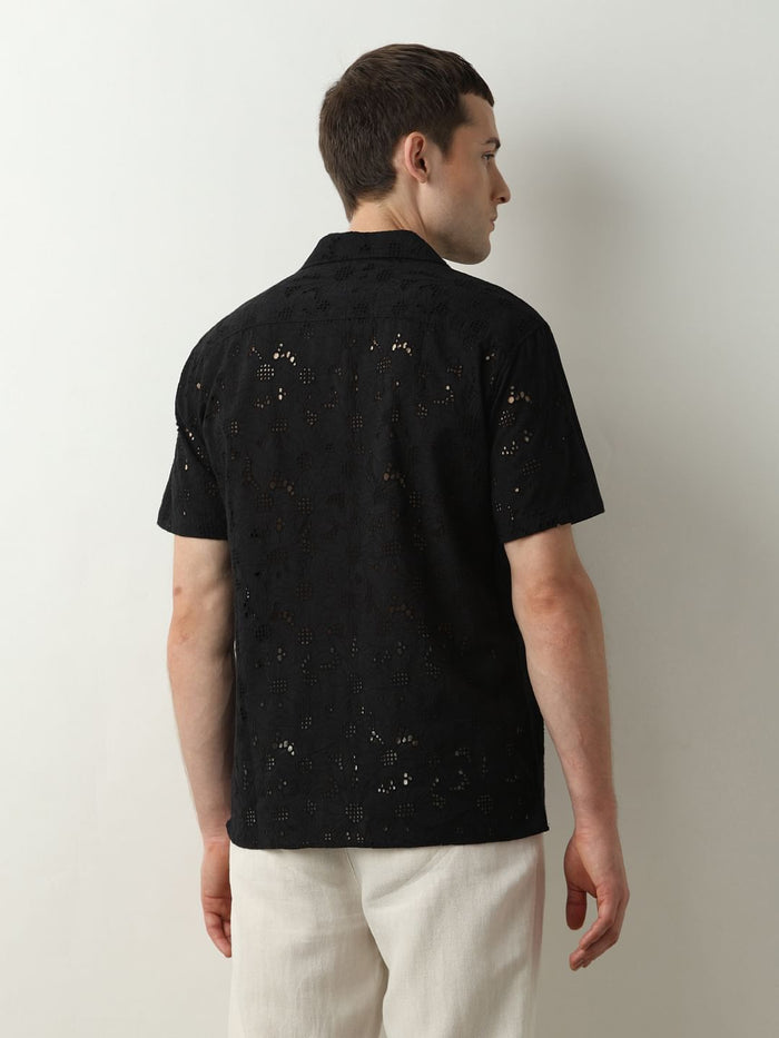 Black Broderie Detail Cuban Collar Shirt