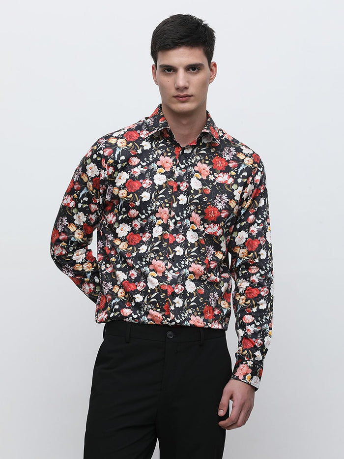 Black Floral Print Cotton Shirt
