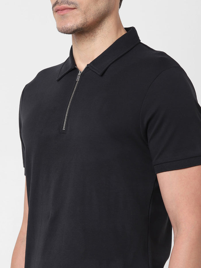 Black Zip-Up Polo Neck T-Shirt