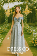 เดรสลูกไม้เปิดไหล่โบว์หน้า | Blue Bow Front Off-Shoulder Lace Dress