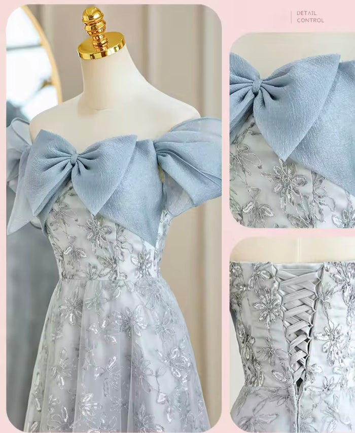 เดรสลูกไม้เปิดไหล่โบว์หน้า | Blue Bow Front Off-Shoulder Lace Dress