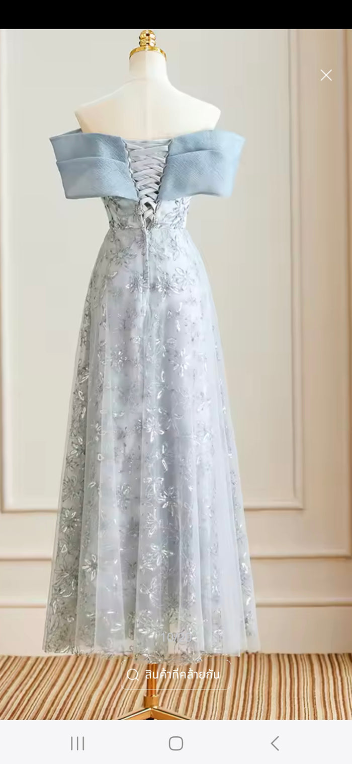 เดรสลูกไม้เปิดไหล่โบว์หน้า | Blue Bow Front Off-Shoulder Lace Dress