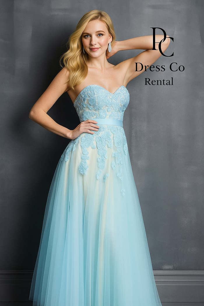 Blue Embroidered Strapless Dress