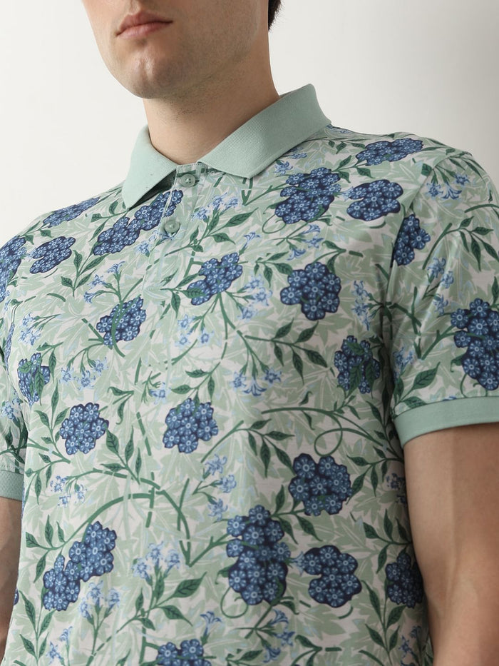 Blue Floral Print Polo T-Shirt