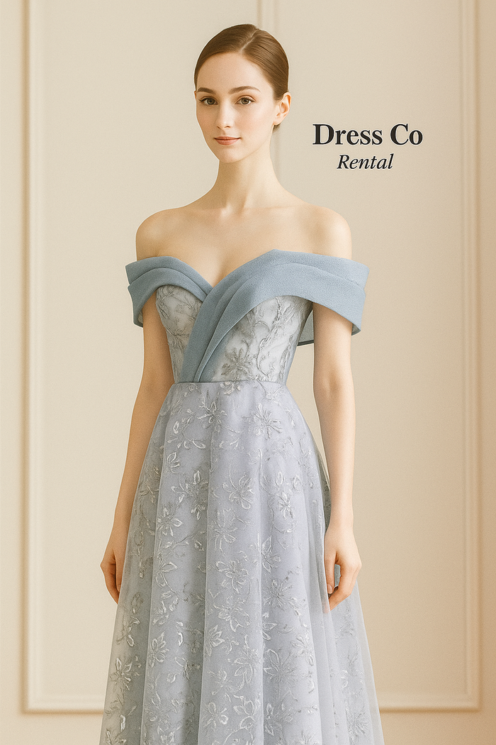 เดรสลูกไม้เปิดไหล่ฟ้าเทา | Blue-Grey Off-Shoulder Lace Dress