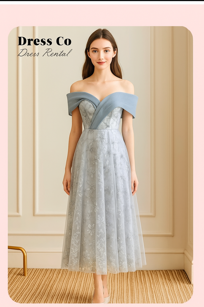 เดรสลูกไม้เปิดไหล่ฟ้าเทา | Blue-Grey Off-Shoulder Lace Dress