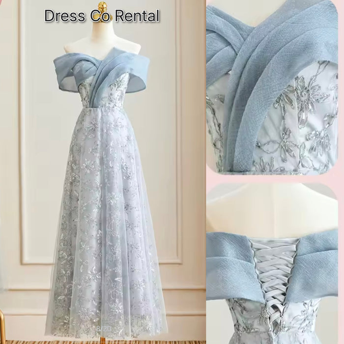 เดรสลูกไม้เปิดไหล่ฟ้าเทา | Blue-Grey Off-Shoulder Lace Dress
