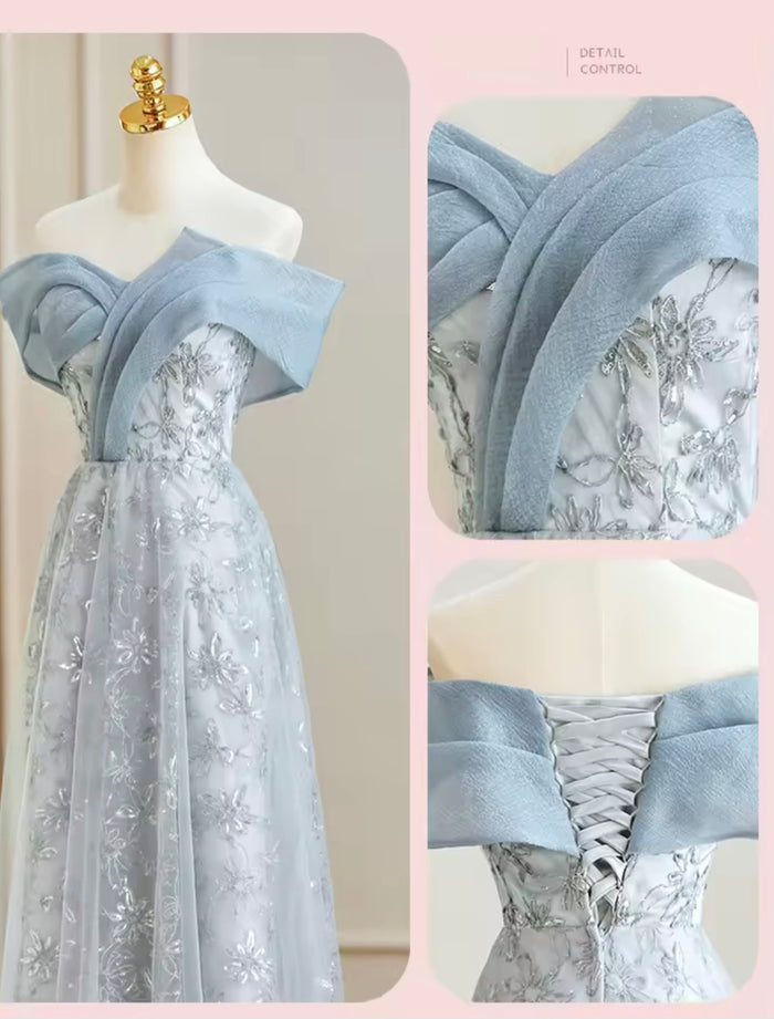 เดรสลูกไม้เปิดไหล่ฟ้าเทา | Blue-Grey Off-Shoulder Lace Dress