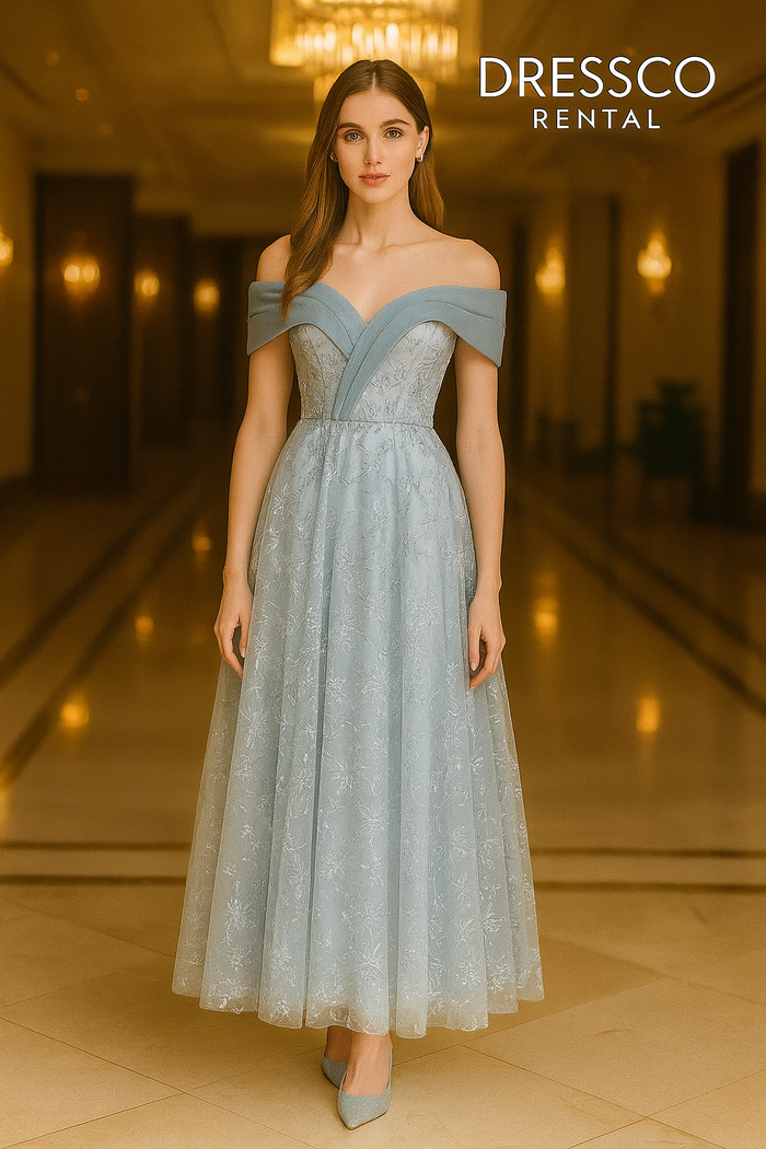 เดรสลูกไม้เปิดไหล่ฟ้าเทา | Blue-Grey Off-Shoulder Lace Dress