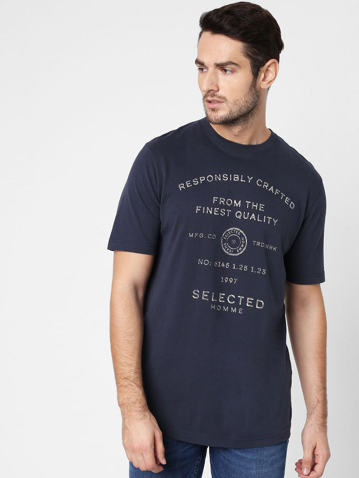 Blue Logo Print Crew Neck T-Shirt