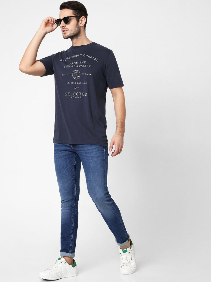 Blue Logo Print Crew Neck T-Shirt