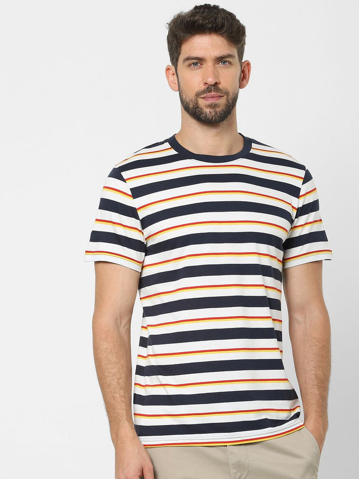 Blue Organic Cotton Striped Crew Neck T-Shirt