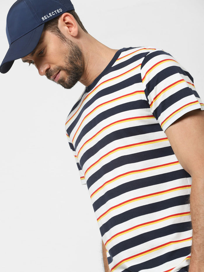 Blue Organic Cotton Striped Crew Neck T-Shirt