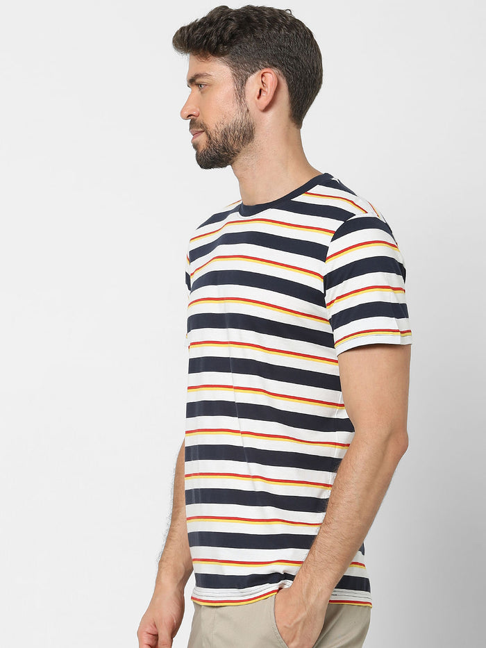 Blue Organic Cotton Striped Crew Neck T-Shirt