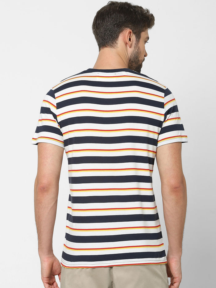Blue Organic Cotton Striped Crew Neck T-Shirt