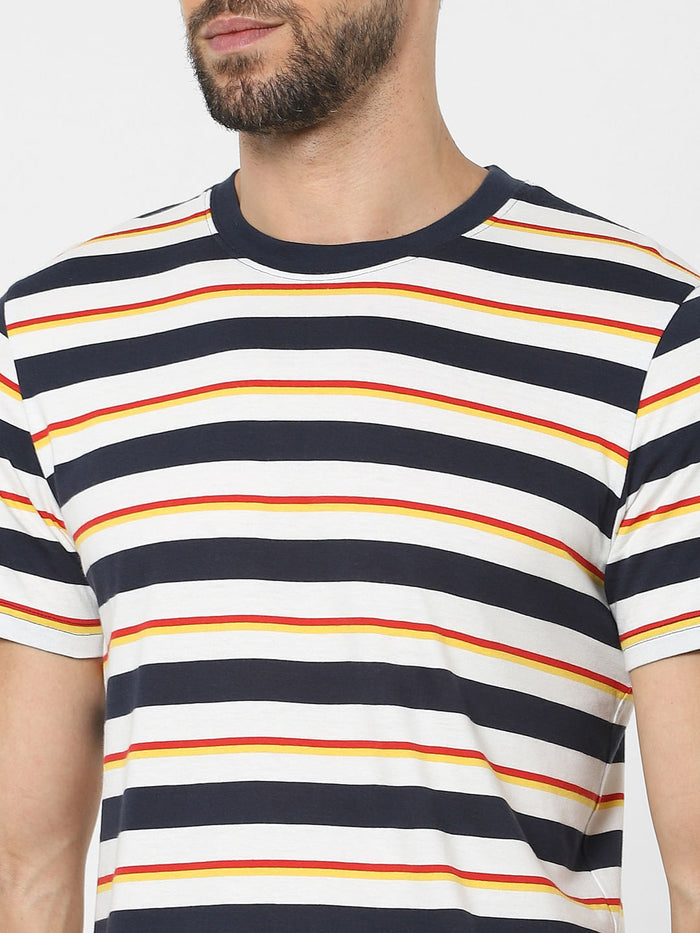 Blue Organic Cotton Striped Crew Neck T-Shirt