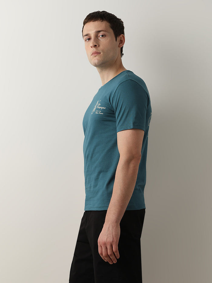 Blue Printed Crew Neck T-Shirt