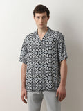 Blue Printed Cuban Collar Short Sleeves Shirt