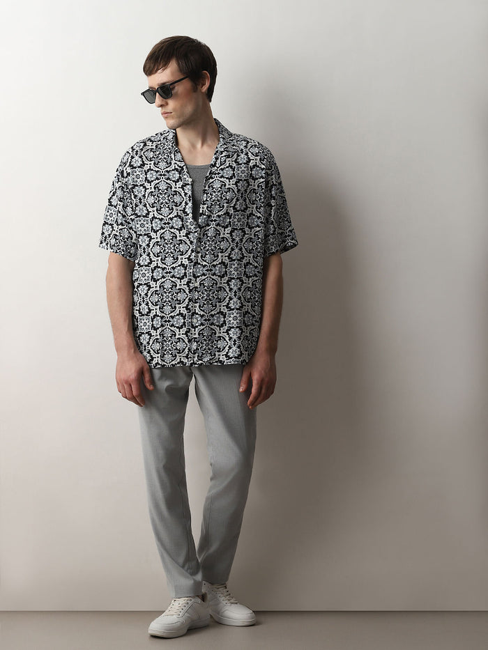 Blue Printed Cuban Collar Short Sleeves Shirt