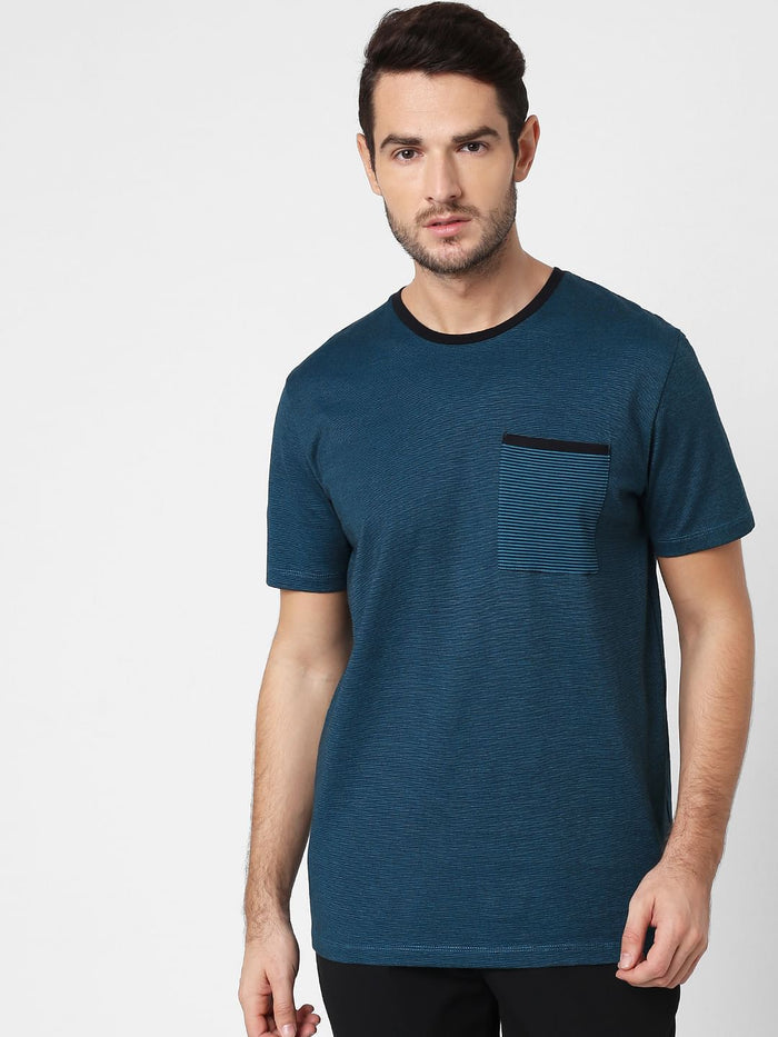 Blue Printed Pocket Crew Neck T-Shirt