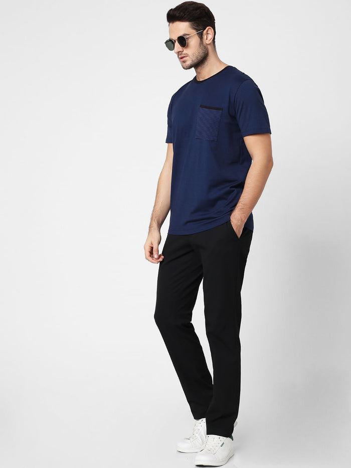 Blue Printed Pocket Crew Neck T-Shirt