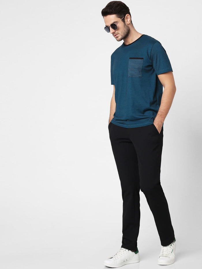 Blue Printed Pocket Crew Neck T-Shirt