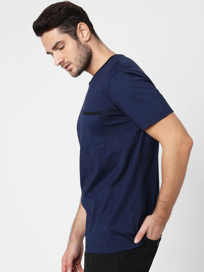 Blue Printed Pocket Crew Neck T-Shirt