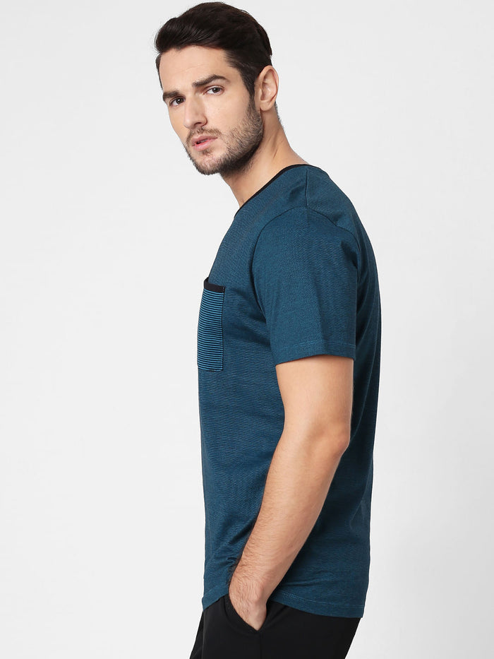 Blue Printed Pocket Crew Neck T-Shirt