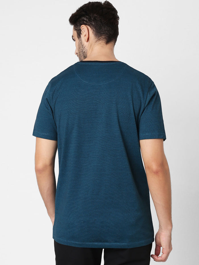 Blue Printed Pocket Crew Neck T-Shirt