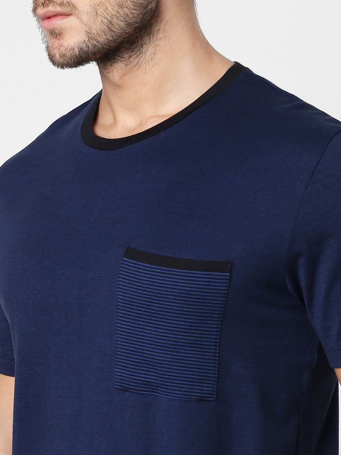 Blue Printed Pocket Crew Neck T-Shirt