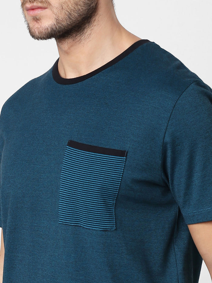 Blue Printed Pocket Crew Neck T-Shirt