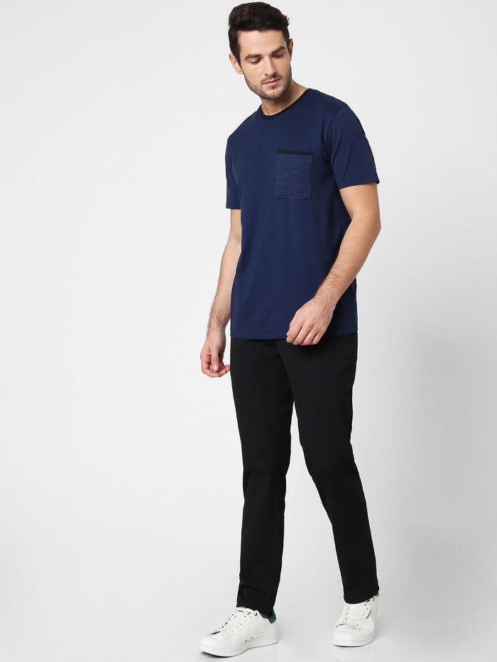 Blue Printed Pocket Crew Neck T-Shirt