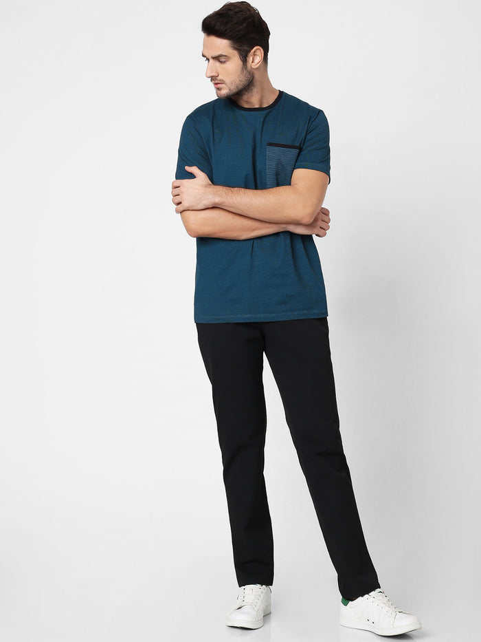 Blue Printed Pocket Crew Neck T-Shirt