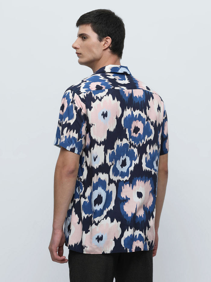 Blue Printed Short Sleeves Shirt