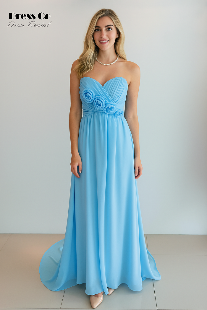 ชุดราตรีฟ้าอ่อนตกแต่งดอกผ้า (Blue Rose Chiffon Dress