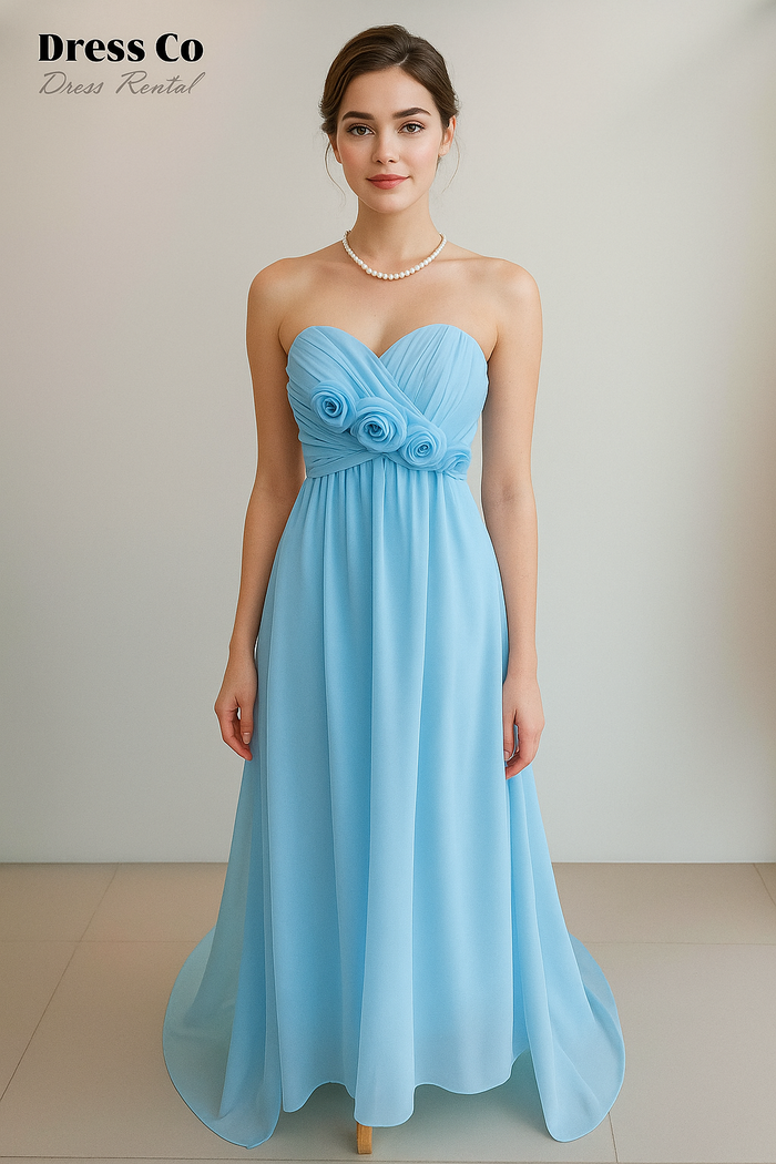 ชุดราตรีฟ้าอ่อนตกแต่งดอกผ้า (Blue Rose Chiffon Dress