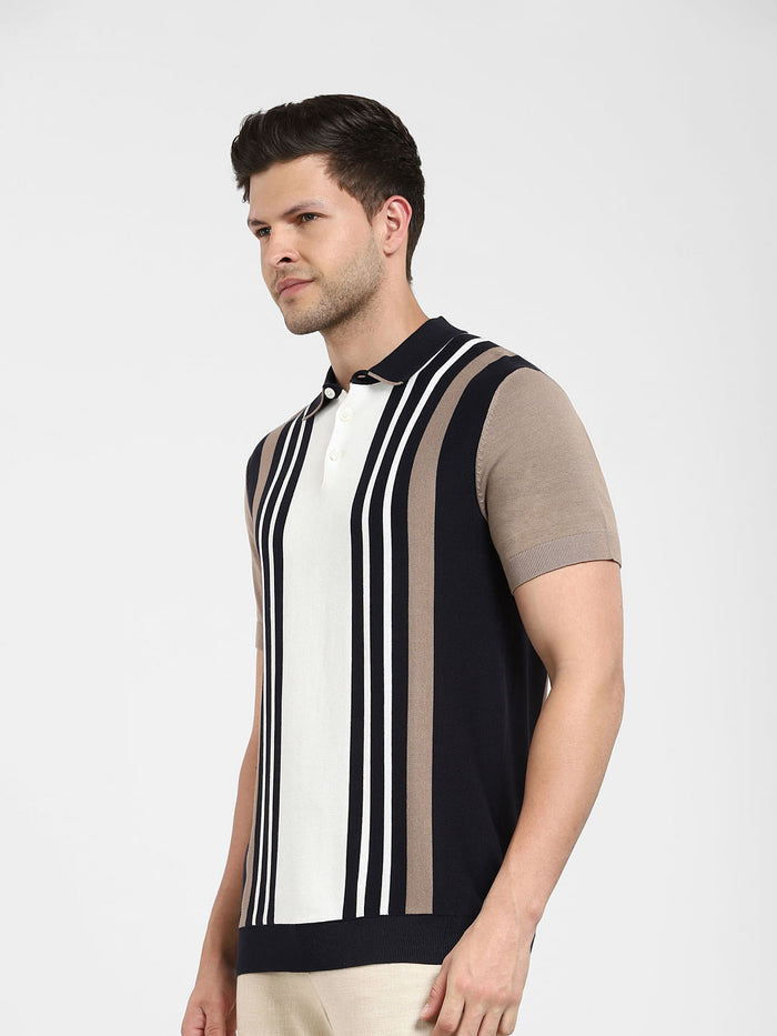 Blue Striped Knit Polo T-shirt